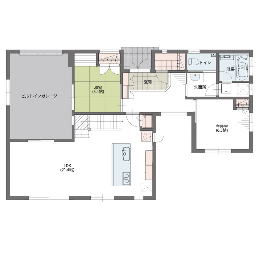 アエラホーム 【3000万円台/40坪台/間取り図】室内から愛車を眺めるビルトインガレージが自慢 家族が繋がる二世帯住宅の間取り図（5LDK+小屋裏収納2カ所）1階