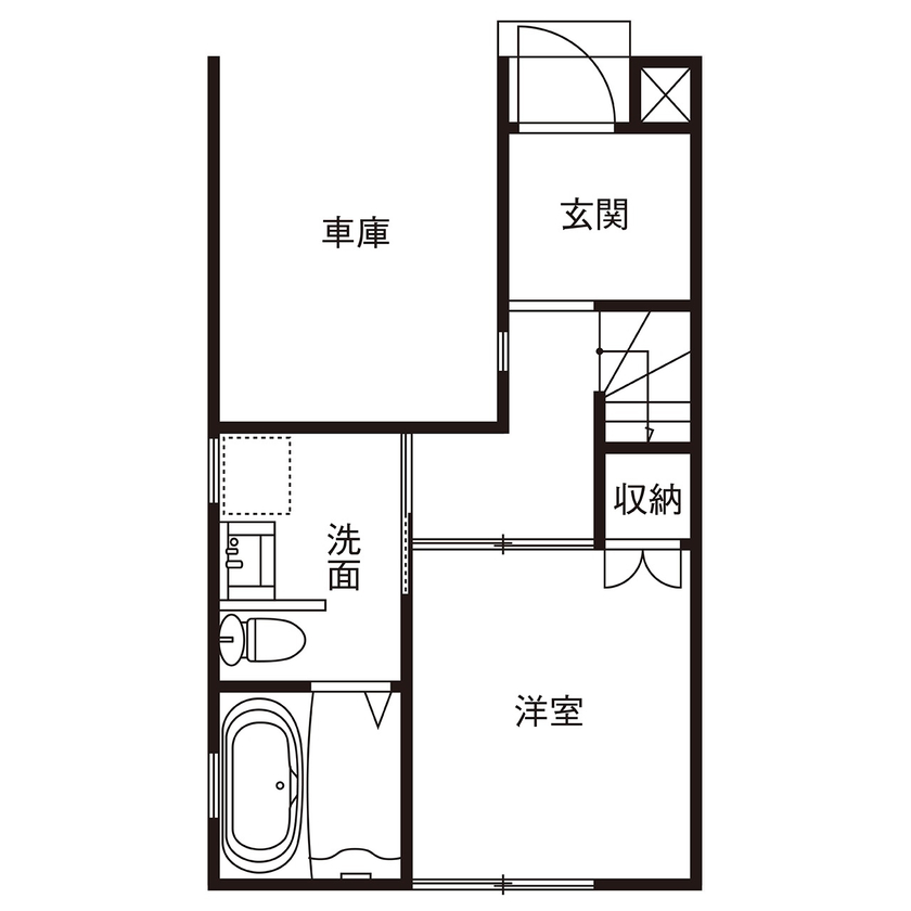 Beans Home 【大阪/1000万円台/30坪台/狭小】約15坪の土地で快適に暮らすインナーガレージのある３階建ての間取り図（3LDK）１階