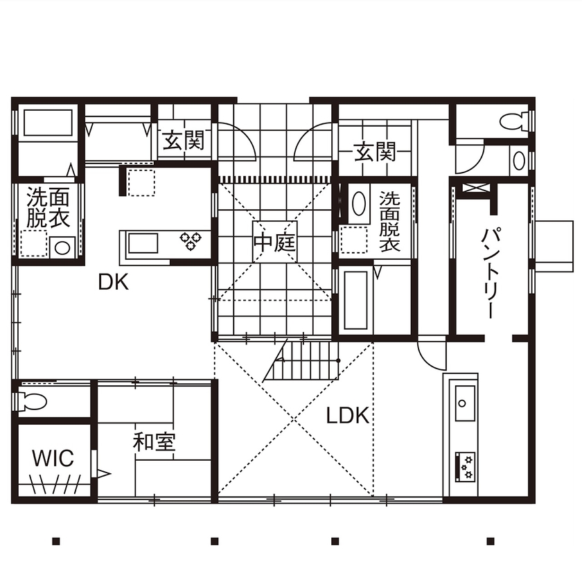Beans Home 【3000万円台/京都/40坪台/二世帯】中庭と吹抜けがゆとりを生み出す二世帯の家の間取り図（5LDK+DK）１階