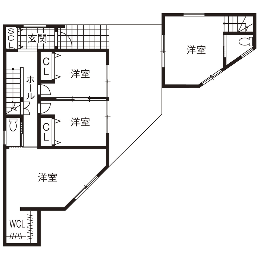 Beans Home 【3000万円台/宝塚/変形地】三角形で高低差がある条件を活かして離れのような空間があるホテルライクな家をの間取り図（4LDK＋リビング）1階