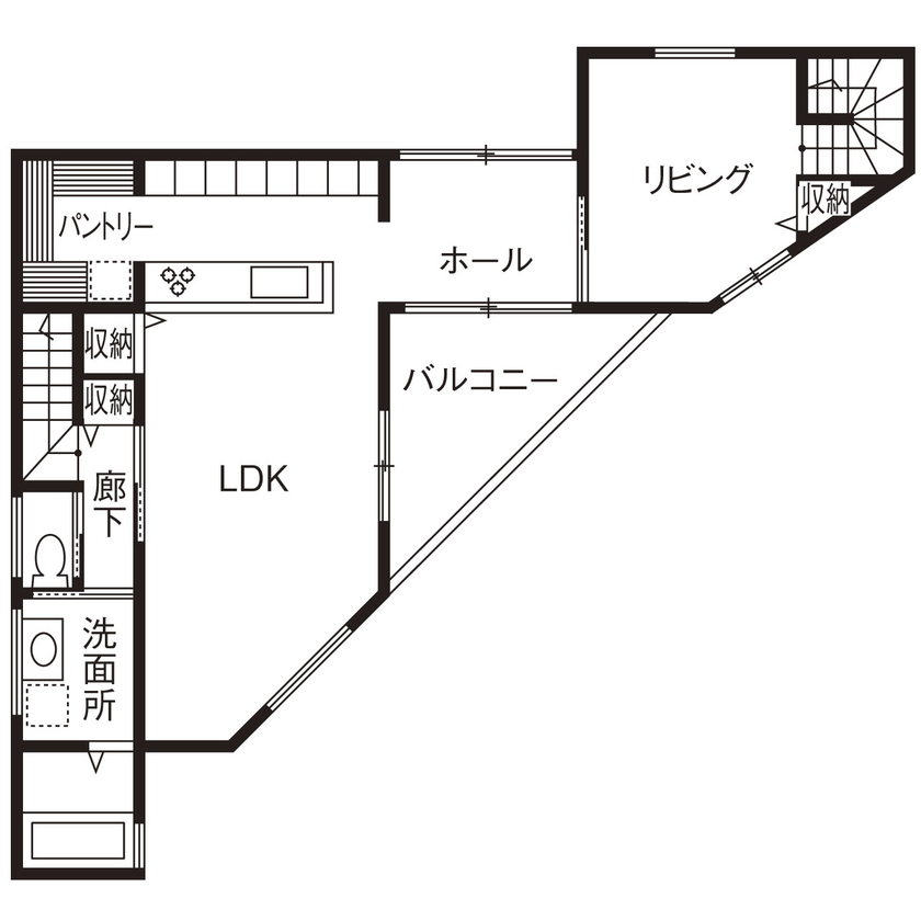 Beans Home 【3000万円台/宝塚/変形地】三角形で高低差がある条件を活かして離れのような空間があるホテルライクな家をの間取り図（4LDK＋リビング）２階
