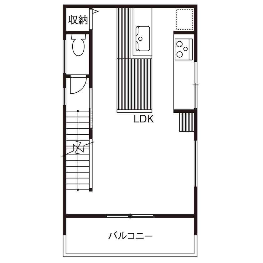 Beans Home 【2000万円台/大阪/狭小/3階建て】広く見せる設計の工夫やこだわりのオリジナルキッチンがある住まいの間取り図（3LDK）2階