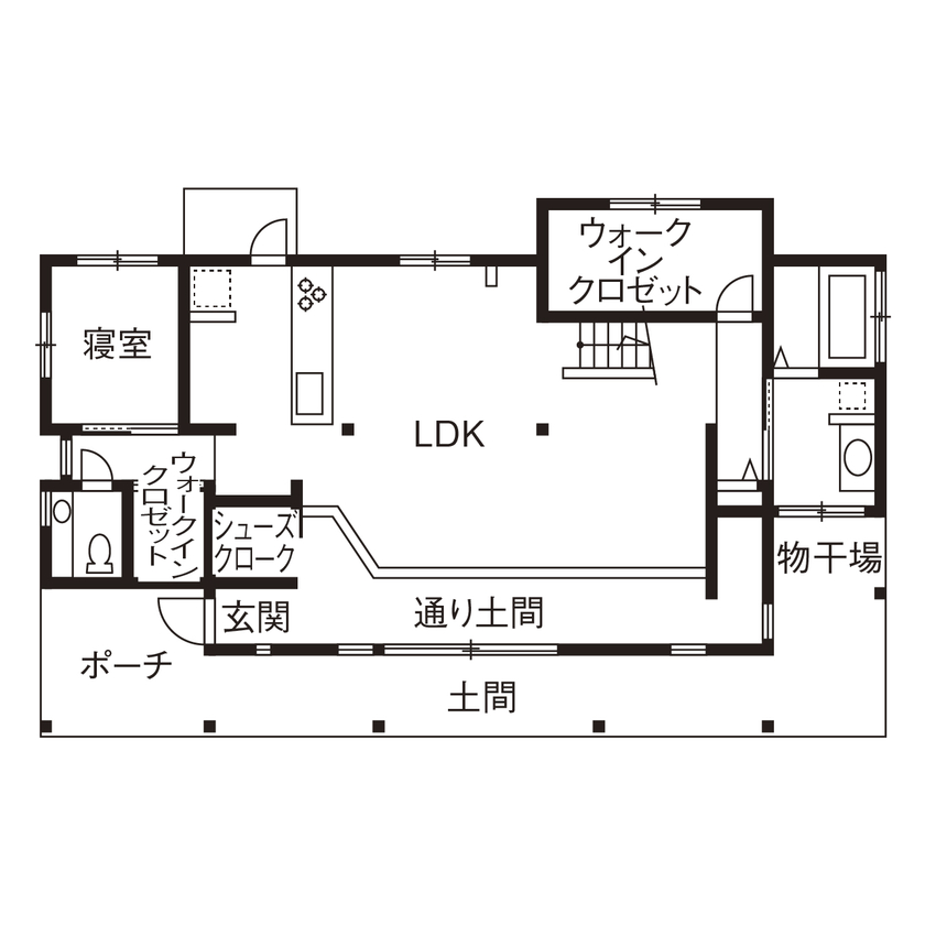 iKKA 【滋賀県守山｜1990万円｜間取り図有｜平屋】通り土間のアウトドアリビングとロフトで趣味を楽しむお家の間取り図（1LDK）1階