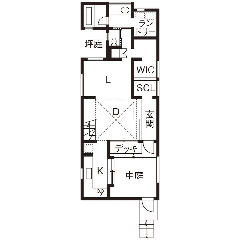 iKKA 【京都府｜2550万円｜間取り図有】空と緑を楽しむ中庭＆吹き抜けで家族が繋がる住まいの間取り図（2LDK）1階