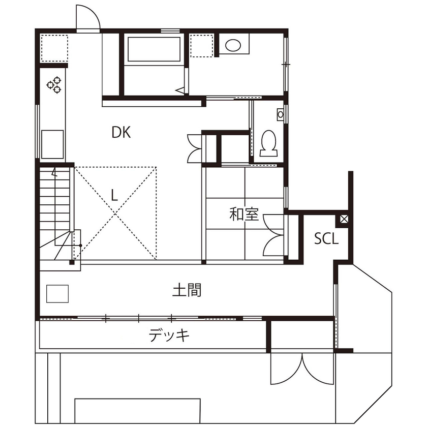 iKKA 【滋賀県｜2000万円台｜間取り有】LDKとテラスが広い通り土間で繋がるペレットストーブ＆吹き抜けの家の間取り図（3LDK）1階