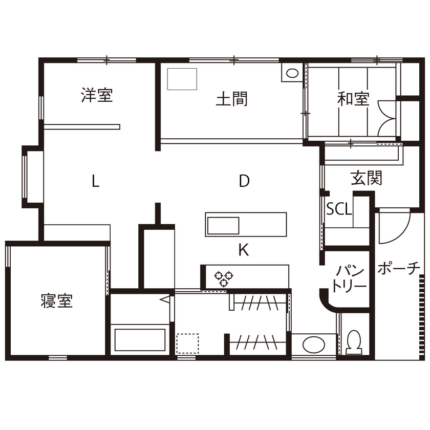 iKKA 【滋賀県｜2000万円台｜間取り有】森の景色を鮮やかに切り取る四角い窓と大きな三角屋根が魅力的な平屋の家の間取り図（3LDK）1階
