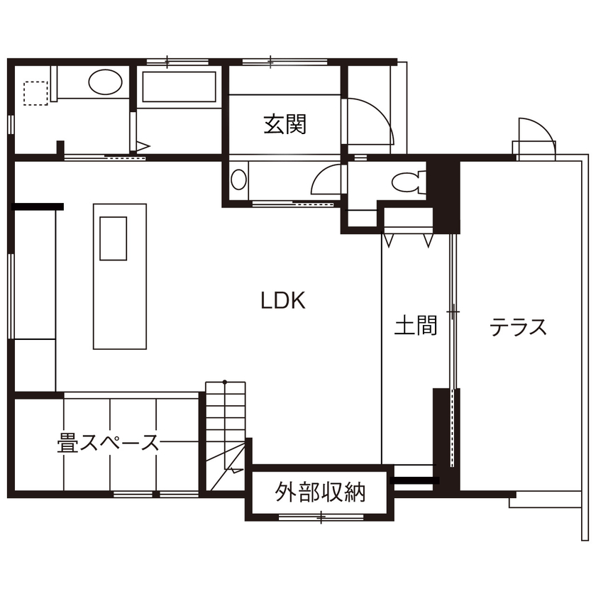 iKKA 【滋賀県｜2000万円台｜間取り図】中2階には大容量本棚、テラスと一体の土間空間で風を心地よく感じるお家の間取り図（2LDK）1階