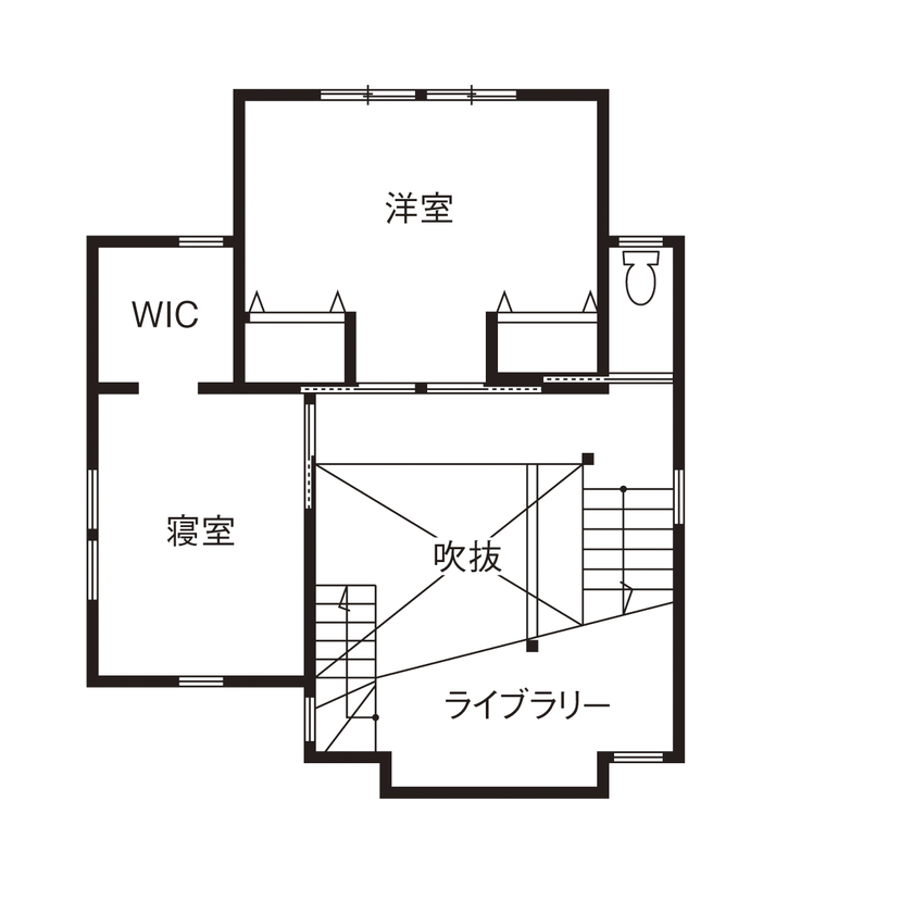 iKKA 【滋賀県｜2000万円台｜間取り図】中2階には大容量本棚、テラスと一体の土間空間で風を心地よく感じるお家の間取り図（2LDK）2階