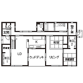 【小さい平屋専門店】すみ家 【2000万円台/50坪/5LDK/間取り図】コの字の中庭で二世帯を繋ぐ提案が新しい。平屋ライクの自然素材の家の間取り図（5LLDK）1階
