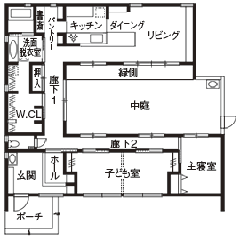 【小さい平屋専門店】すみ家 【2000万円台/平屋/30坪台/4LDK/間取り図】プライバシーを守りながら使い勝手のよさを実現したコの字の平屋の間取り図（4LDK）1階