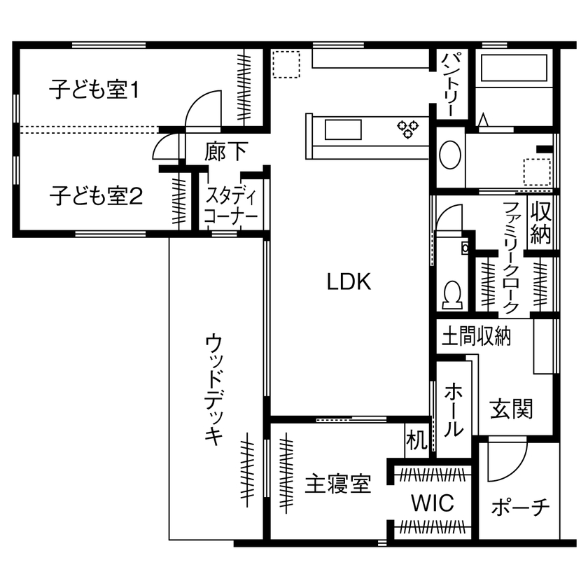【小さい平屋専門店】すみ家 【2000万円台/平屋/20坪台/3LDK/間取り図】開放感のあるL字型の平屋。高さを抑えたガルバの外観の平屋の間取り図（3LDK）1階
