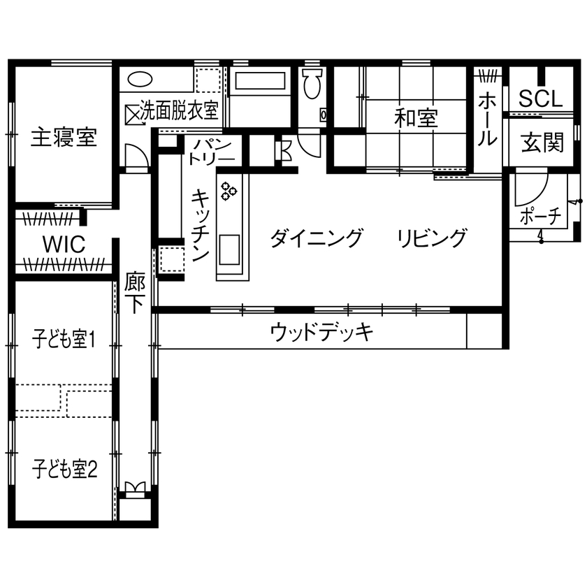 【小さい平屋専門店】すみ家 【2000万円台/平屋/30坪台/注文住宅/間取り図】パブリックとプライベートゾーンが分けられたL字型の平屋の間取り図（3LDK）1階