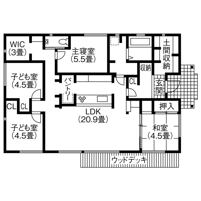 【小さい平屋専門店】すみ家 【2000万円台/平屋/間取り図】雑貨が似合う素朴なデザイン×キッチン中心・直方体の間取りの平屋住宅の間取り図（4LDK）1階