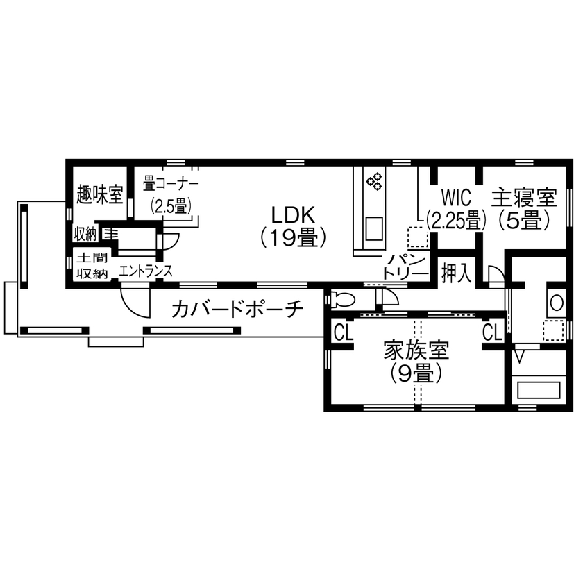 【小さい平屋専門店】すみ家 【平屋/2000万円台/20坪台/間取り図】カバードポーチがリゾート気分を高めるカリフォルニアスタイルの平屋の間取り図（3LDK）1階