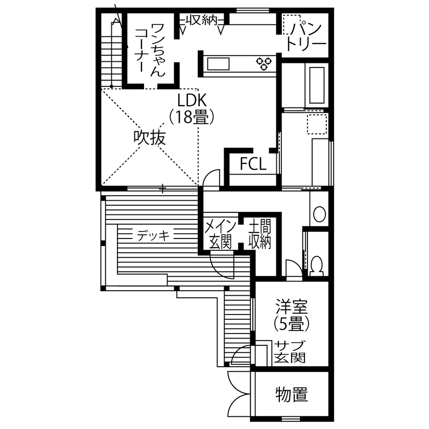 【小さい平屋専門店】すみ家 【3000万円台/30坪台/カリフォルニアスタイル/間取り図】風を感じるカバードポーチで家族や友人と楽しく！の間取り図（4LDK）1階