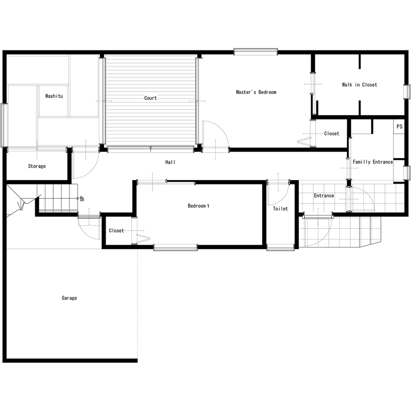 ロコハウス 【福岡市/1000万円台後半/４LDK/ビルトインガレージ】狭小旗竿地に建つコートハウス。土地の悩みを解決！の間取り図（4LDK）1階