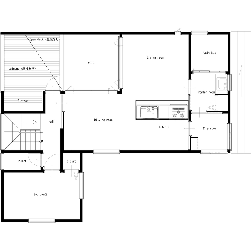 ロコハウス 【福岡市/1000万円台後半/４LDK/ビルトインガレージ】狭小旗竿地に建つコートハウス。土地の悩みを解決！の間取り図（4LDK）2階