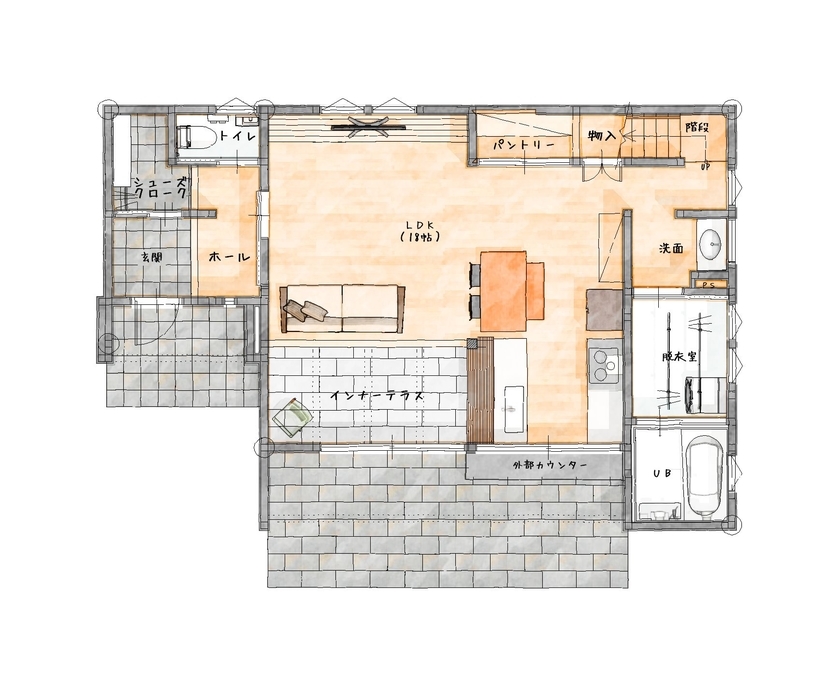 エバーホーム 【射水市／2000万円台前半／プライベートデッキ】キャンプやバーベキューなど家族でおうち時間を愉しむ家の間取り図（3LDK）1階