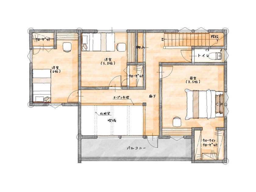 エバーホーム 【射水市／2000万円台前半／プライベートデッキ】キャンプやバーベキューなど家族でおうち時間を愉しむ家の間取り図（3LDK）2階