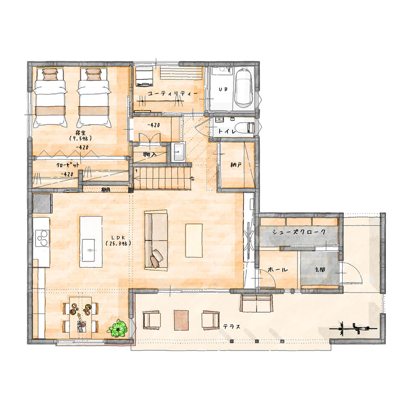 エバーホーム 【射水市/2000万円台後半/カフェスタイル】アイランドキッチンを中心にした平屋ベースの暮らしやすい住まいの間取り図（2LDK）１階