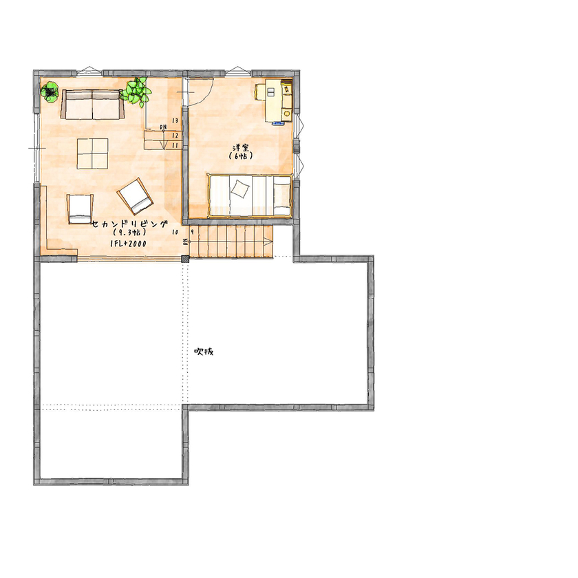 エバーホーム 【射水市/2000万円台後半/カフェスタイル】アイランドキッチンを中心にした平屋ベースの暮らしやすい住まいの間取り図（2LDK）２階