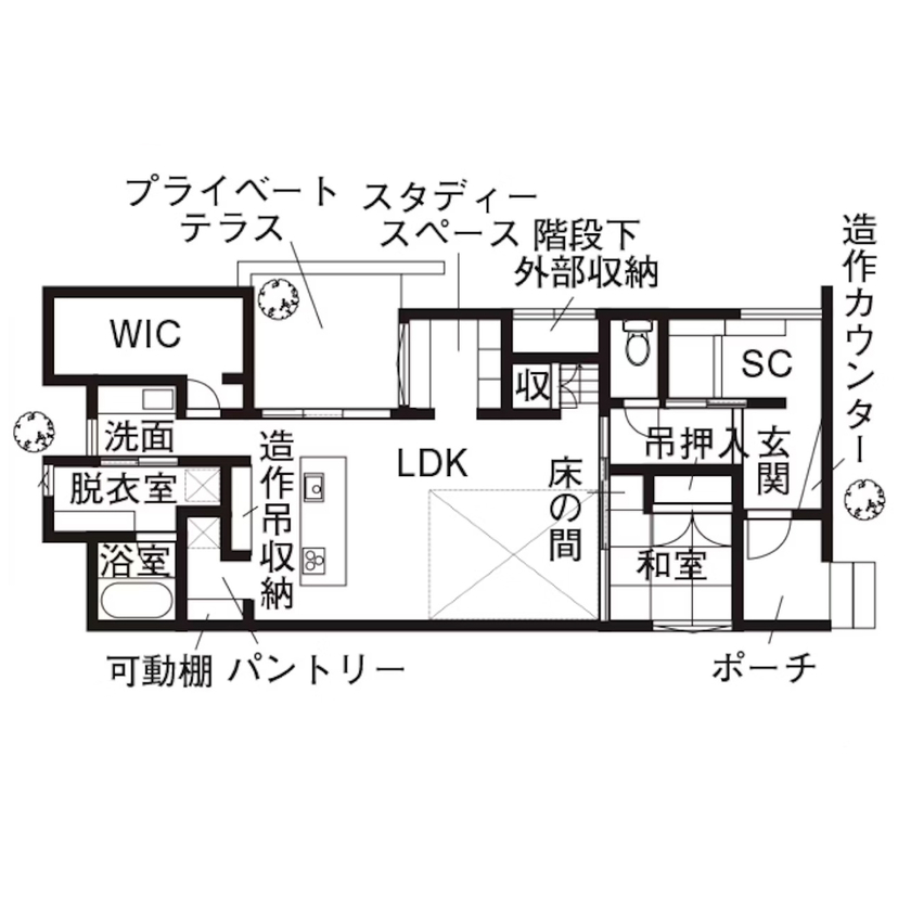 家元 3000万円台|外からの視線を遮り、カーテンレスの明るいお家で寛ぐ。「光陰を楽しむ」吹抜×インナーテラスの間取り図（5LDK）1階