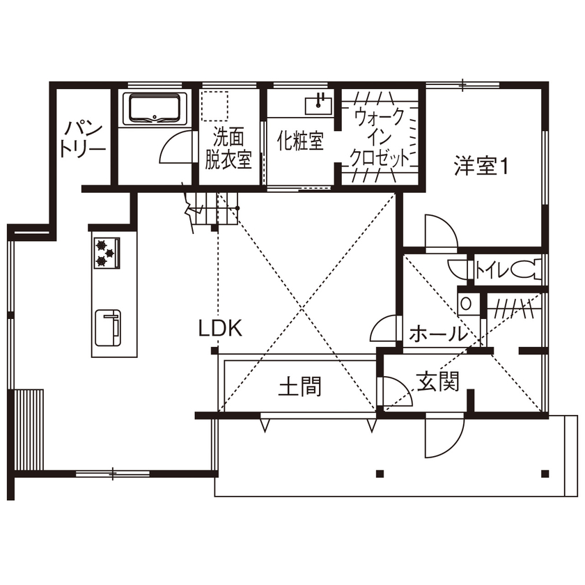 BEACON WORKS 【埼玉県/2750万円/30坪台/土地探し/半平屋/間取り図】リビングと庭が繋がる土間スペースと片流れ屋根の家の間取り図（3LDK）1階