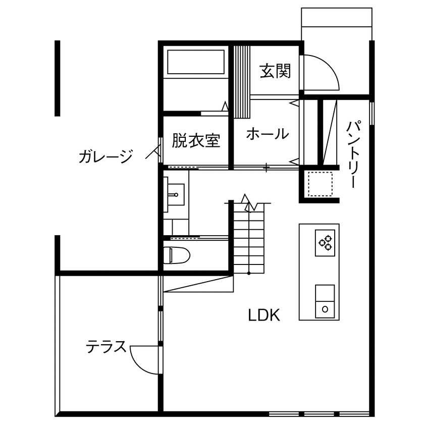 BEACON WORKS 【2300万円／ビルトインガレージ／間取図】直線美が際立つスクエアフォルムのガレージハウスの間取り図（3LDK+洗濯室+WIC）1階