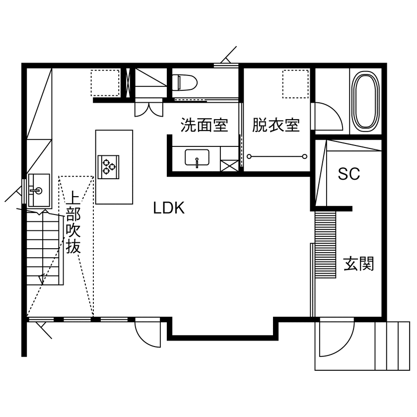 BEACON WORKS 【2700万円／吹抜／間取図】街角に映える、伸びやかなフォルムが美しい建築家デザインの規格住宅の間取り図（3LDK+WIC+FCL+SC）1階
