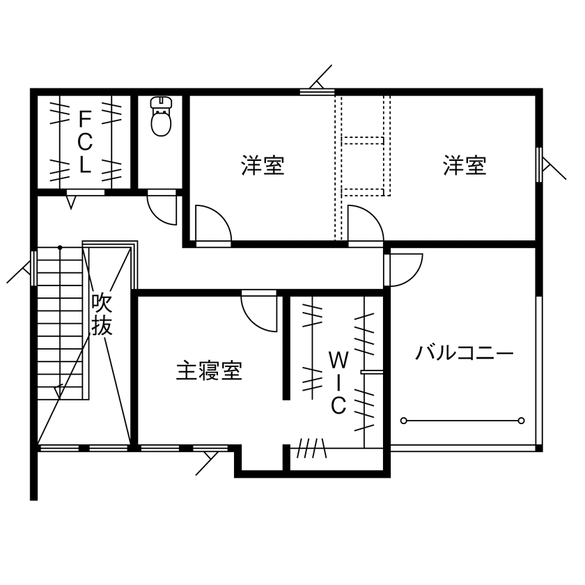BEACON WORKS 【2700万円／吹抜／間取図】街角に映える、伸びやかなフォルムが美しい建築家デザインの規格住宅の間取り図（3LDK+WIC+FCL+SC）2階