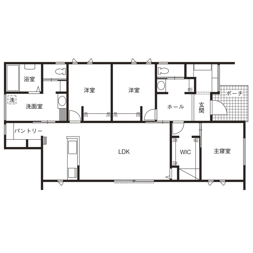 東建ビルダー 【栃木県/3LDK/29.15坪/平屋/2300万円】木目の勾配天井が目を惹く　アメリカンカントリースタイルの平屋の間取り図（3LDK）1階
