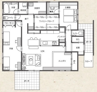 東建ビルダー 【足利市/3LDK/平屋/34坪/1800万円】ペット/愛猫と暮らす、北欧ナチュラルデザインのシンプルモダンな平屋の間取り図（3LDK＋FC）1階