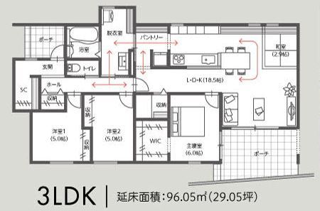 東建ビルダー 【太田市/3LDK/29.05坪/平屋/1900万円】勾配天井で開放的なリビング　ヴィンテージテイストがお洒落な平屋の間取り図（3LDK）1階