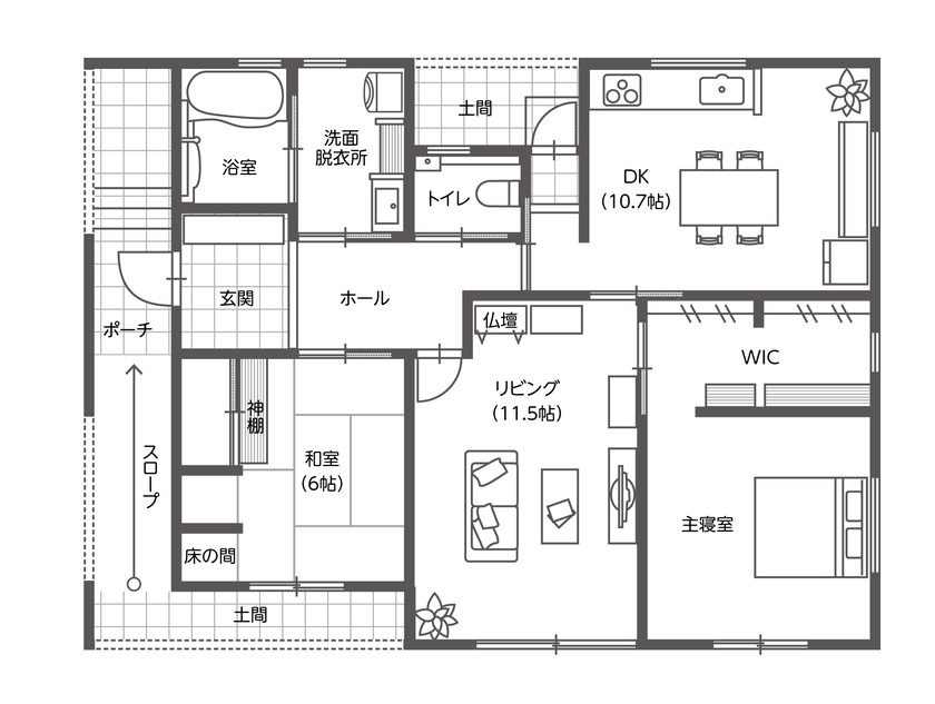 東建ビルダー 【足利市/平屋/2300万円】老後に備えバリアフリーの生活を叶えたZEH高性能住宅の間取り図（2LDK）1階
