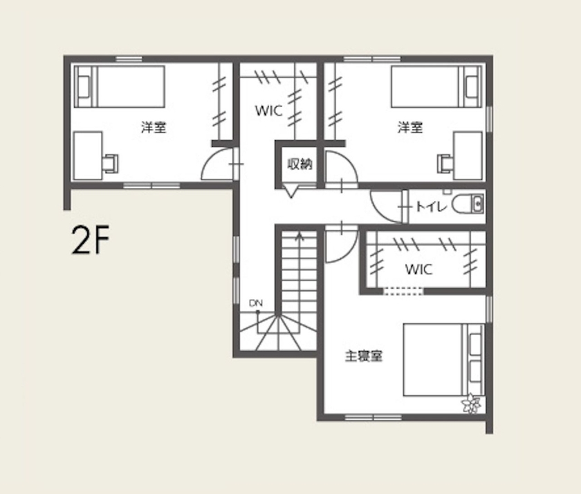 東建ビルダー 【足利市/4LDK/36.5坪/2500万円】プライベートを重視した空間設計とホテルライクデザインの住まいの間取り図（4LDK）2階
