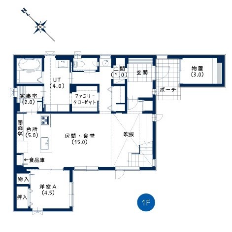 豊栄建設 【2500～2999万円／43坪／間取図／４LDK／ウッドデッキ】子どもたちの「元気」と「自立心」を養える住まいの間取り図（4LDK）1階