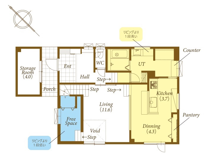 豊栄建設 【2000万円台/41坪/間取図】スキップフロアや半地下のフリースペース。高低差を巧みに使って叶えた理想の家の間取り図（3LDK）1階