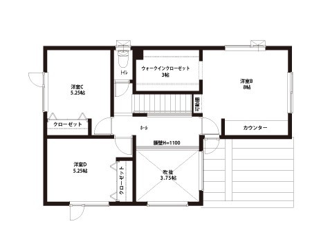 豊栄建設 【約３３坪／間取図／４LDK／子育て／収納充実】細部にまで配慮された、子どもたちが暮らしやすい家の間取り図（4LDK）2階