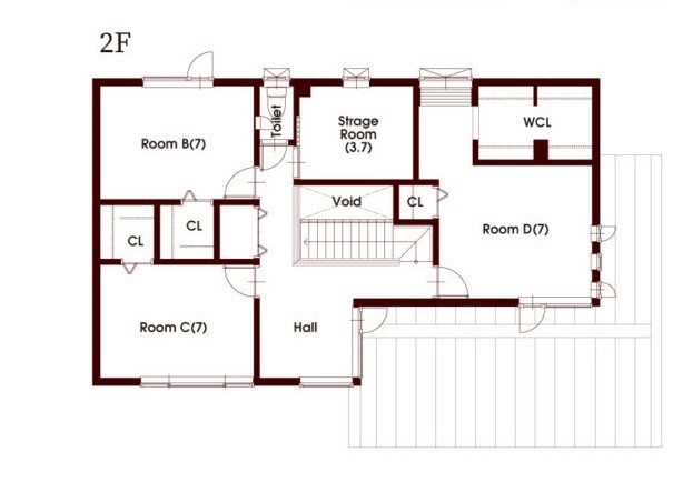 豊栄建設 【2500~2999万円/48坪/ガレージ/４LDK/間取図】快適さにとことんこだわった、機能性に優れた住まいの間取り図（4LDK）2階