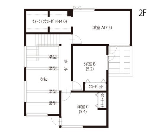 豊栄建設 【33坪/間取り図有/2人暮らし】好きなことに、とことんこだわり実現した大きな吹抜けリビングのある家の間取り図（3LDK）2階