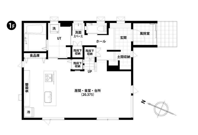 豊栄建設 【2000万円台／３４坪／間取図／家事ラク】こだわりと愛情が詰まったアイランドキッチンのある家の間取り図（3LDK）1階間取り