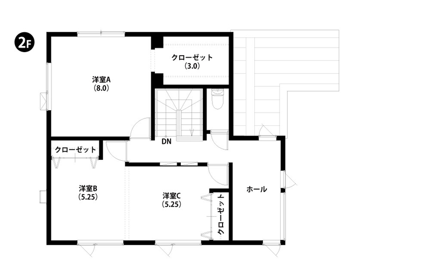 豊栄建設 【2000万円台／３４坪／間取図／家事ラク】こだわりと愛情が詰まったアイランドキッチンのある家の間取り図（3LDK）2階間取り