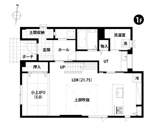 豊栄建設 【2000万円台／間取図／和室／子育て】子育てに大活躍！小上がりの和室がある住まいの間取り図（3LDK＋小上がり）1階間取り