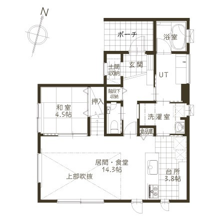 豊栄建設 [2000万円台/約38坪/４LDK /間取図]回遊性の独立洗濯室で生活動線が大幅改善！安心して育児のできる暮らしの間取り図（4LDK）1階