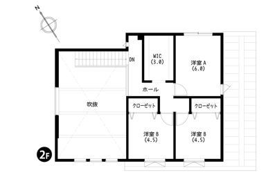 豊栄建設 【2500~2999万円/３７坪/間取図/薪ストーブ】おうちキャンプを楽しめる、広い土間に薪ストーブのある家の間取り図（3LDK）2階