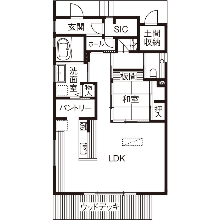 ue_bo design 【3000万円以下/40坪台/間取り図有】塗り壁/タイル/無垢の木。素材本来の美しさがそのまま「個性」になる家の間取り図（4LDK＋納戸）1階