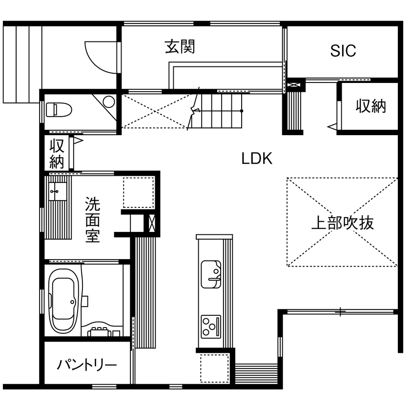 ue_bo design 【3000万円台｜間取り図有｜30坪台】空間を構成する「線」まで美しい、別荘のように寛げる家の間取り図（2LDK）1階