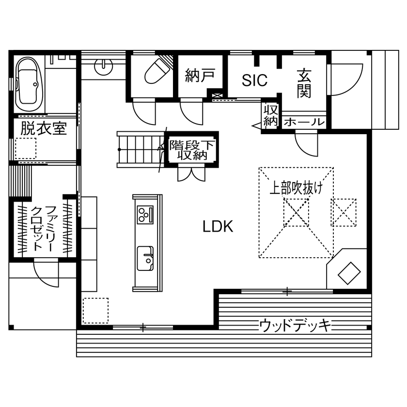 ue_bo design 【3000万円以下｜間取り図有｜40坪以下】見る角度によって表情が変化する、おしゃれな家の間取り図（3LDK＋S）1階