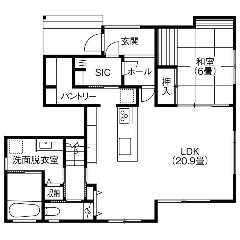 ue_bo design 【2000万円台｜間取り図有｜40坪台】モダンと和の融合。凛とした佇まいが美しい、無垢材×モノトーンの家の間取り図（4LDK＋書斎＋WIC）1階
