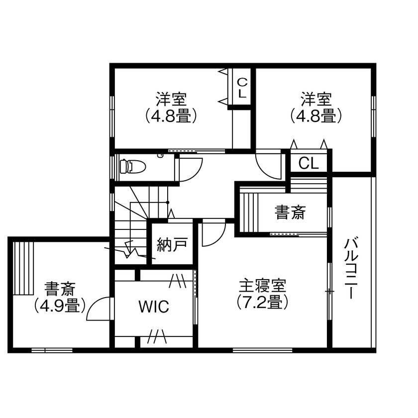 ue_bo design 【2000万円台｜間取り図有｜40坪台】モダンと和の融合。凛とした佇まいが美しい、無垢材×モノトーンの家の間取り図（4LDK＋書斎＋WIC）2階